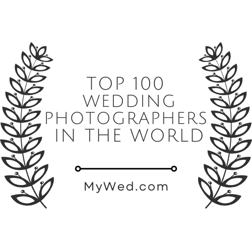 Top 100 wedding photographers award badge with laurel branches from mywed. Com