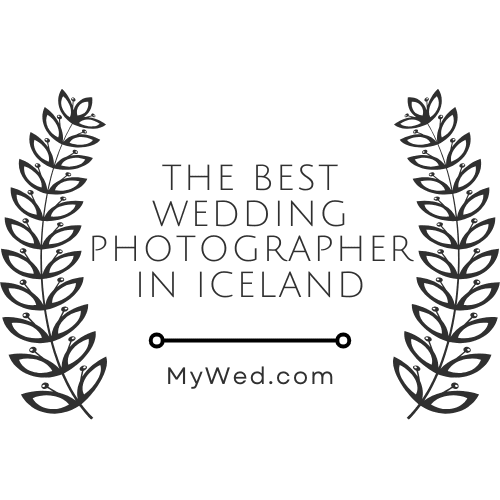 Elegant laurel-framed logo promoting iceland’s top wedding photographer at mywed. Com.