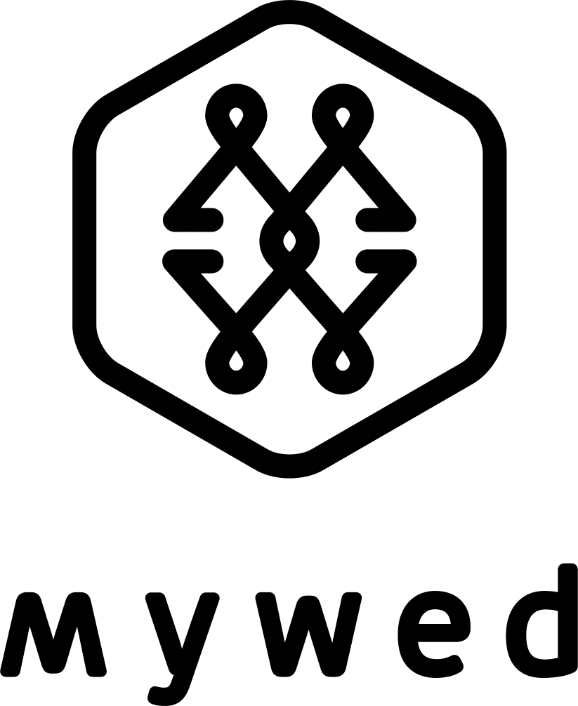 Black hexagon logo with interconnected nodes and “mywed” text representing modern wedding networking.