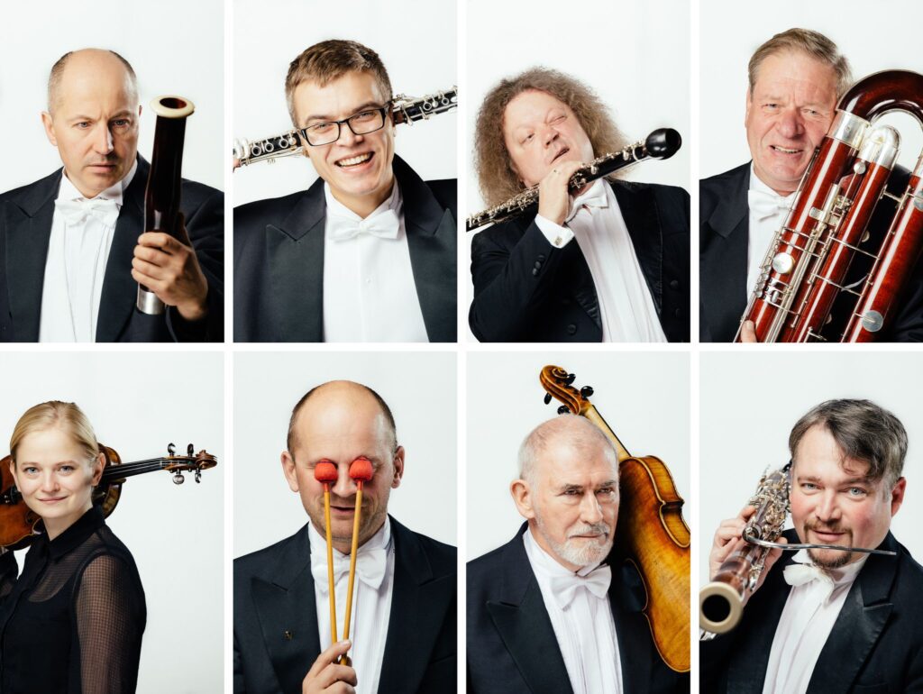 Formal portraits of classical musicians with bassoon, clarinet, violin, viola, oboe, and mallets.